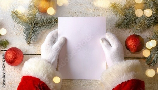Fototapeta Santa's hands in white gloves holding a white card. Christmas background. Free space for text. New Year postcard.  Flat lay.