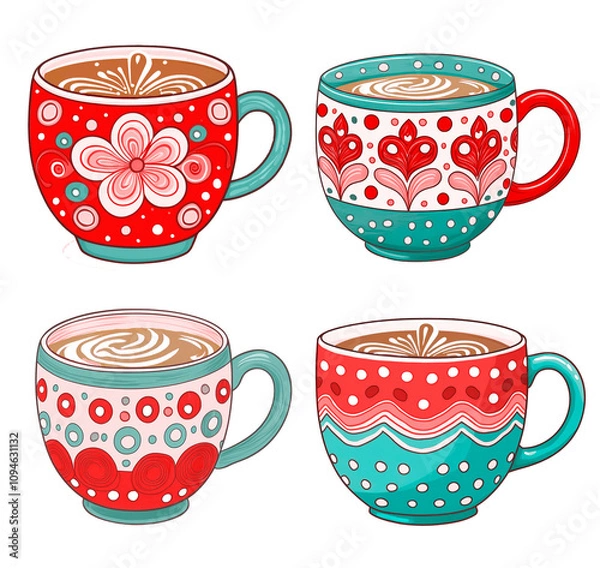 Fototapeta Whimsical set of bright colored ceramic holiday mugs of hot chocolate in red, pink and aqua for Christmas or Valentines Day, hygge warm feeling.