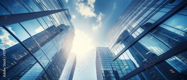 Fototapeta A close-up view of modern office buildings from a low angle, showcasing sleek architecture and tall glass facades.

