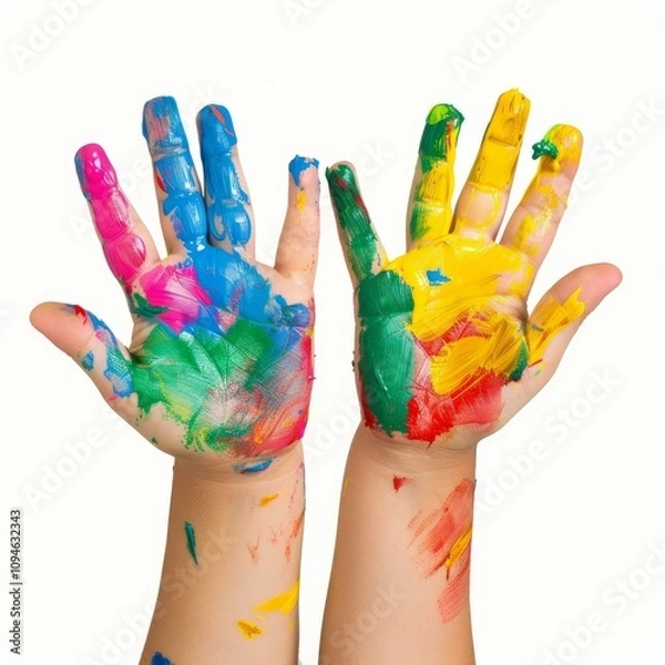 Fototapeta Child showing colorful painted hands isolated on white background