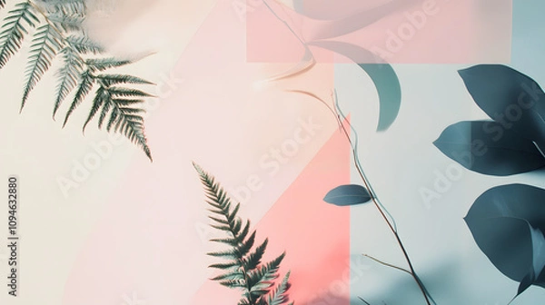 Fototapeta Elegant Overlay of Green Leaves and Ferns on Soft Colorful Background for Nature-Inspired Design and Decoration Purposes