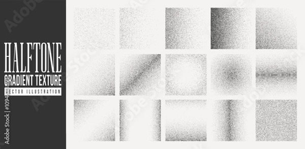 Fototapeta Set of gradient noise, grain or halftone texture, stipple element, black and white dotted grainy abstract square shape with grunge effect and dot pixel geometric pattern for social media. Halftone art