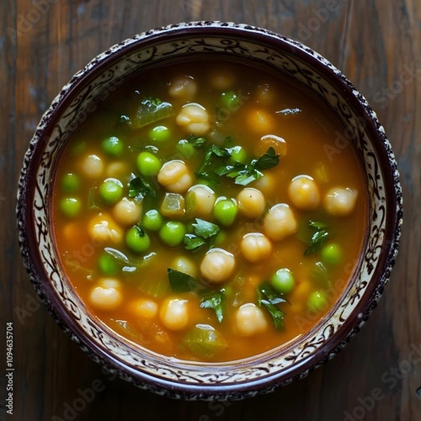 Fototapeta A vibrant bowl of chickpea soup garnished with fresh greens, showcasing rich colors and a hearty, nutritious appeal.