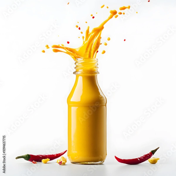 Fototapeta A vibrant splash of yellow liquid bursts from a glass bottle, surrounded by red chili peppers, conveying a sense of freshness and flavor.