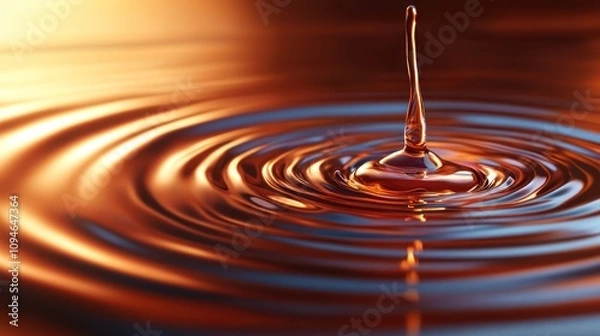 Fototapeta Golden liquid drop impacting surface, creating concentric ripples.
