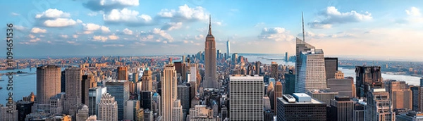 Fototapeta A panoramic view of a bustling city skyline under a clear sky, showcasing iconic skyscrapers and urban architecture.