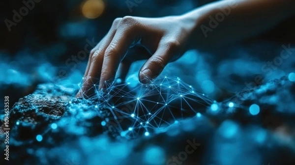 Obraz Hand touching glowing network on dark rocks.