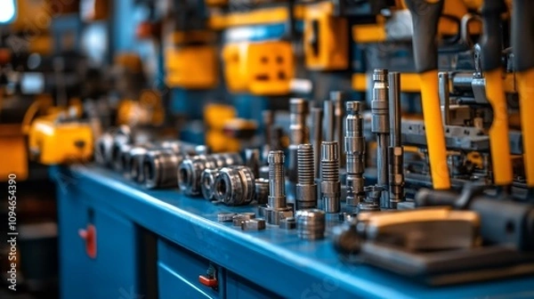 Obraz A Collection of Various Tools Organized on a Blue Workbench