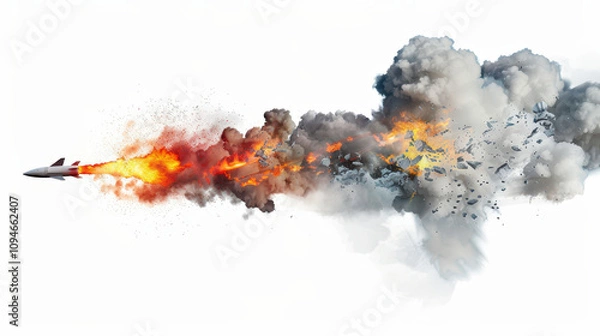 Fototapeta rocket launch with fire on white background