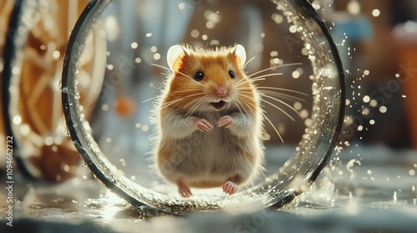 Fototapeta A hamster running on a wheel in a joyful, playful moment while its owner watches with amusement.