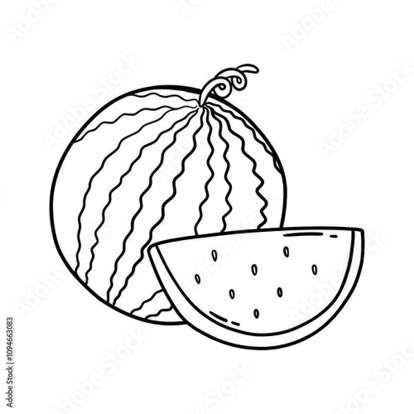 Fototapeta Beautiful black and white line drawing of watermelon as a whole and watermelon as a slice, showing simplicity and elegance, suitable for modern design and creative concepts.