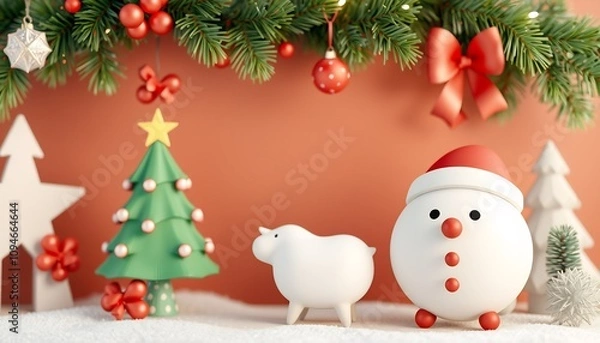 Fototapeta A snowman, a sheep and a Christmas tree are standing in the snow, with pine branches and Christmas ornaments above.