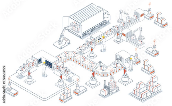 Fototapeta Automated Warehouse Robots and Smart Warehouse Technology concept with Agv robots, Warehouse Automation System and Automated inventory control platforms. Vector illustration EPS 10