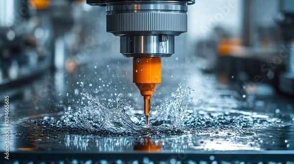 Fototapeta Close-up of a drill bit cutting through metal with water coolant