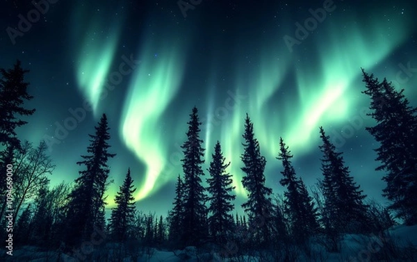 Fototapeta Vibrant aurora borealis illuminating a dark, snowy forest at night.