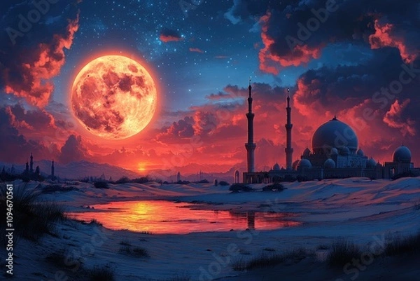 Fototapeta Full moon with an Arabic pattern, desert landscape with a mosque and sand dunes, night sky with clouds, digital illustration