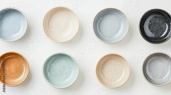 Fototapeta Handmade Ceramics concept. A collection of colorful ceramic bowls arranged in two rows, showcasing various textures and hues against a light background.