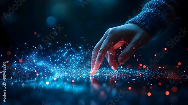 Fototapeta A Hand Reaching Out to a Field of Blue and Red Glowing Particles in a Dark Abstract Background