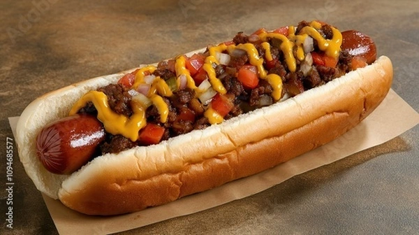 Fototapeta A large hot dog with chili, onions, tomatoes, and mustard on a bun.