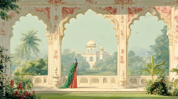 Fototapeta A Peacock Standing on a Terrace with Ornate Arched Windows Looking Out at a Lush Garden and a White Palace in the Distance