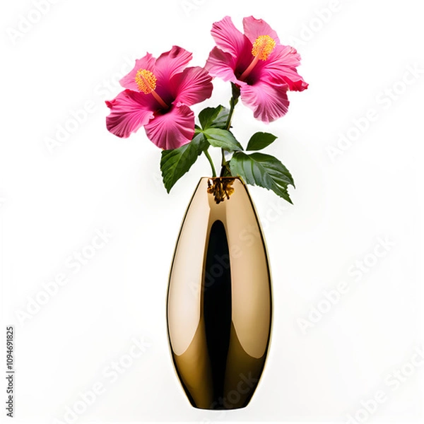 Fototapeta A luxurious gold-plated vase with a reflective surface, featuring a blooming hibiscus, on a transparent background.