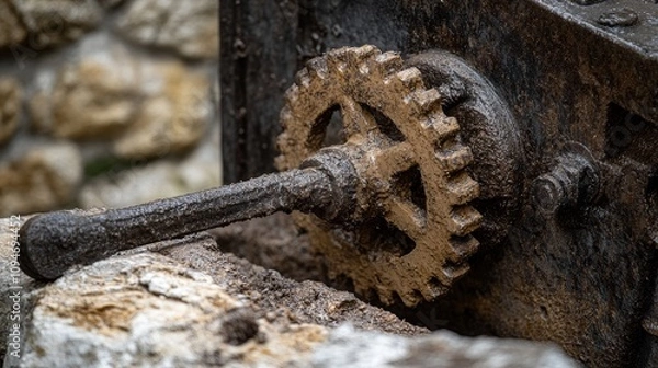 Fototapeta A Close-Up of a Rusty Gear Mechanism Embedded in Stone