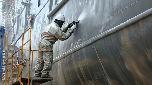 Fototapeta Worker sprays painting on a large vessel's hull during maintenance, wearing protective gear on scaffolding.