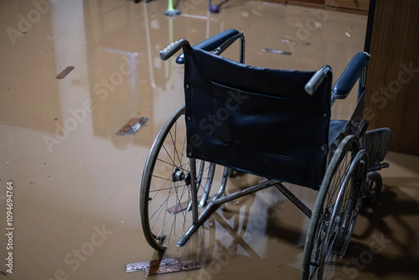 Obraz A wheelchair is sitting in a flooded room. The chair is black and has a silver wheel. The room is dirty and wet, with debris and trash scattered around. Scene is one of chaos and disarray