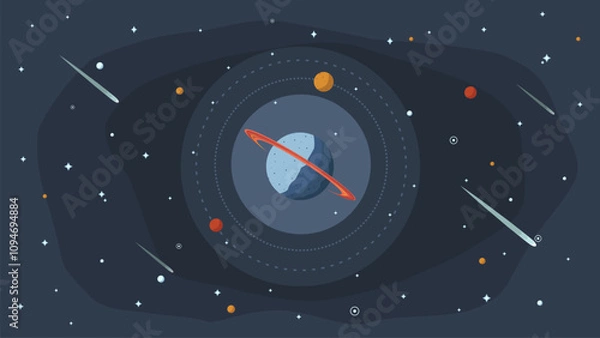 Obraz a planet with satellites is flying in outer space