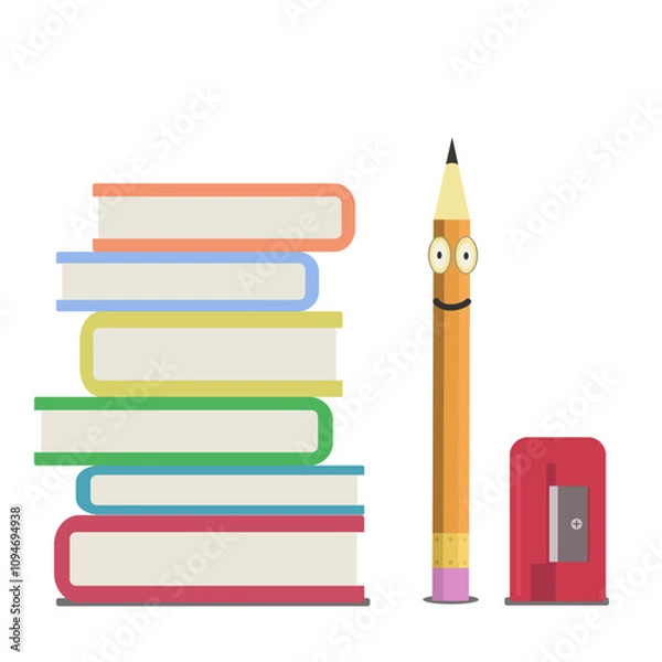 Obraz a stack of books and a pencil with an elastic band on the end and a sharpener