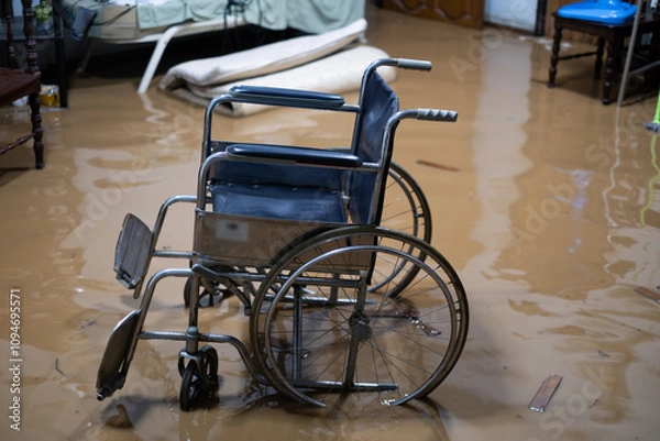 Obraz A blue wheelchair is sitting in a flooded room. The chair is upside down and has a broken wheel. The room is filled with water and debris, and there are chairs and a bed in the background