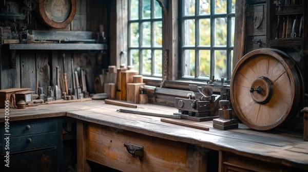 Fototapeta A Rustic Woodworking Workshop with Tools and a Window View