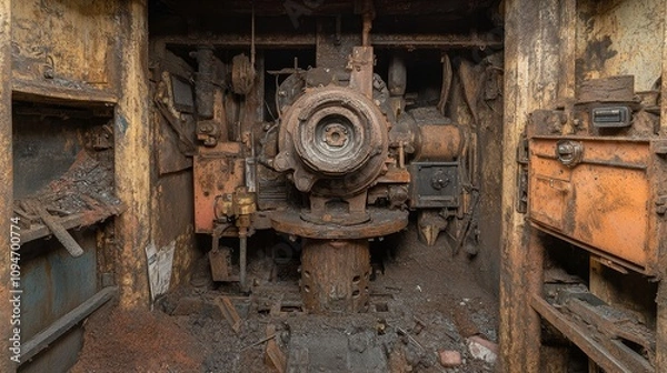 Fototapeta Rusted and Abandoned Machinery Inside a Ship's Engine Room