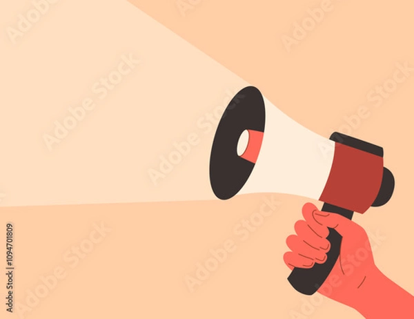 Obraz Vector illustration of a hand holding a loudspeaker. Illustration for Human Rights Day on December 10, advocating for liberation from oppression and racial discrimination. Demonstrations or rallies