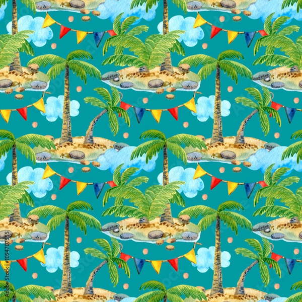 Fototapeta Tropical coast, islands with palm trees and sun umbrellas, seamless pattern for wrapping paper, wallpaper, invitations, fabric.