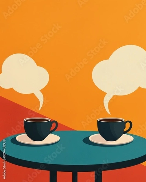 Obraz Two coffee cups sit on a table against a vibrant orange background, with speech bubbles suggesting conversation or dialogue.