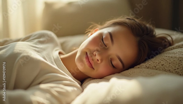 Fototapeta A young woman peacefully sleeping in warm afternoon light, resting comfortably on a soft bed or couch. The sunlight filters through a window