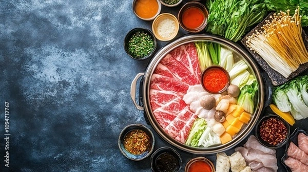 Fototapeta A pot of simmering hot pot with thinly sliced beef, vegetables, and dipping sauces arranged around it.