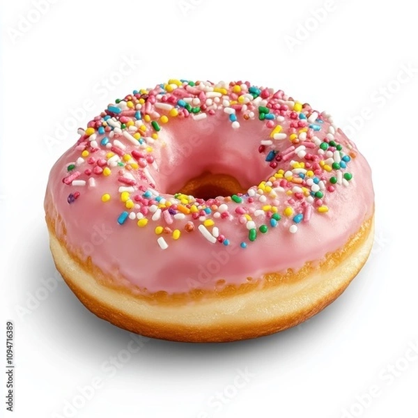 Fototapeta A single round donut covered in glossy pink frosting and topped with colorful sprinkles isolated on a white background