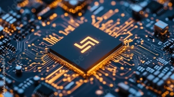 Fototapeta Stylized microchip with dynamic circuit pattern