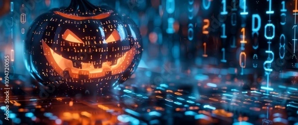 Fototapeta glowing jack-o'-lantern with a broad smile, surrounded by vibrant binary code and digital effects. The image blends Halloween tradition with a high-tech, cyberpunk atmosphere