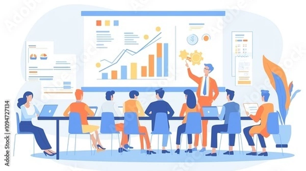 Fototapeta Dynamic Team Presentation: Cartoon-Style Business Meeting with Graphs and Charts on Screen, Team Engaged in Discussion in a Colorful, Modern Office Environment