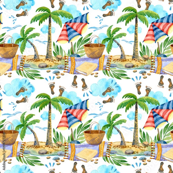Fototapeta Tropical coast, islands with palm trees and sun umbrellas, seamless pattern for wrapping paper, wallpaper, invitations, fabric.