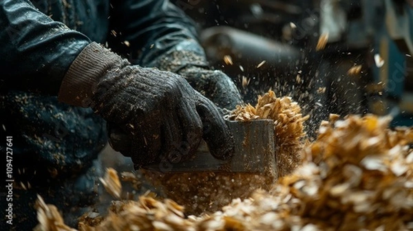 Fototapeta Close-up of a Carpenter's Hands Using a Hand Plane to Shape Wood