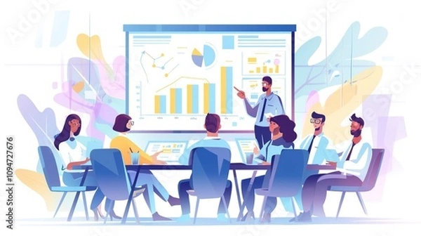 Fototapeta Dynamic Team Presentation: Cartoon-Style Business Meeting with Graphs and Charts on Screen, Team Engaged in Discussion in a Colorful, Modern Office Environment