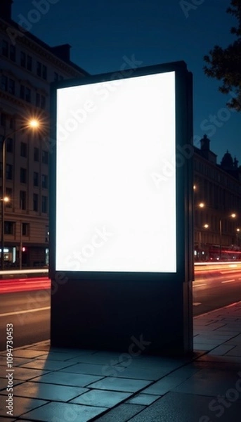 Fototapeta Illuminated Blank Billboard Displaying Urban Nightlife in a City Environment