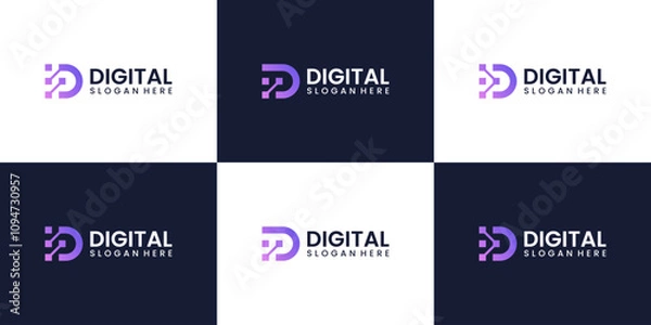 Fototapeta Collection of Technology logo. Initial letter D with connected data technology style design icon vector