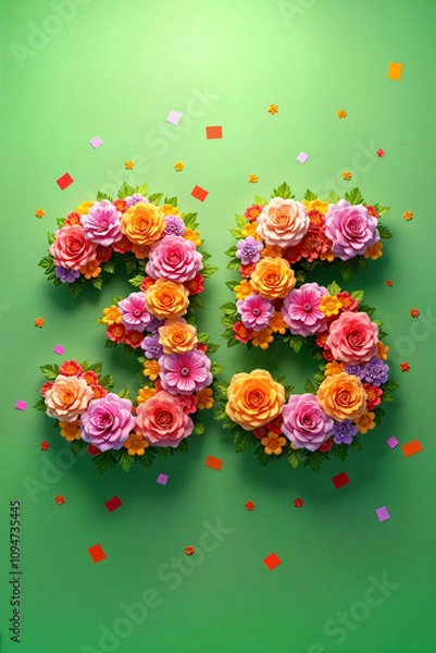 Fototapeta 35th birthday card. Large number 35 made out of colorful flowers, arranged on a green background with small red dots scattered around.