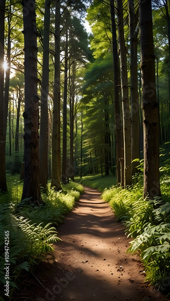 Fototapeta A winding forest path surrounded by tall trees and dappled sunlight, serene and encouraging.