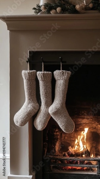 Fototapeta Cozy knitted stockings hang by a warm fireplace, ready for the holiday season, AI